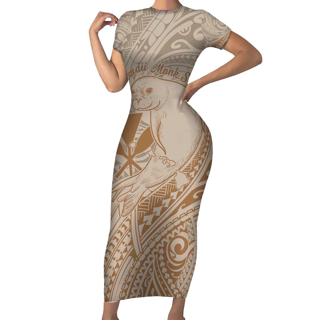 Hawaii Monk Seal and Map Family Matching Short Sleeve Bodycon Dress and Hawaiian Shirt Polynesian Kanaka Maoli Beige Vibe LT9 Mom's Dress Beige - Polynesian Pride