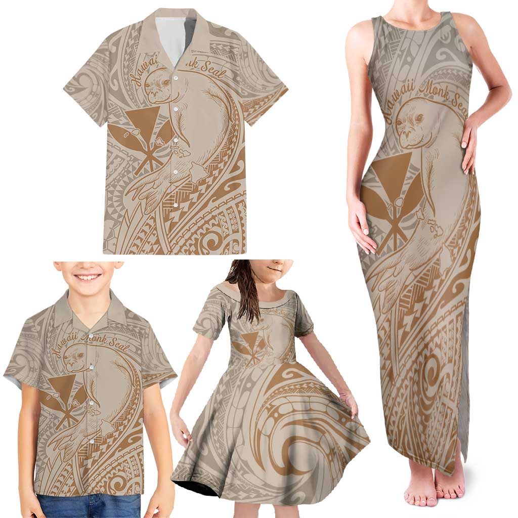 Hawaii Monk Seal and Map Family Matching Tank Maxi Dress and Hawaiian Shirt Polynesian Kanaka Maoli Beige Vibe LT9 - Polynesian Pride
