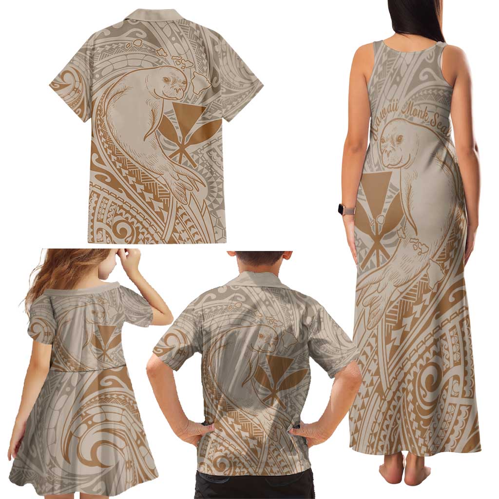 Hawaii Monk Seal and Map Family Matching Tank Maxi Dress and Hawaiian Shirt Polynesian Kanaka Maoli Beige Vibe LT9 - Polynesian Pride