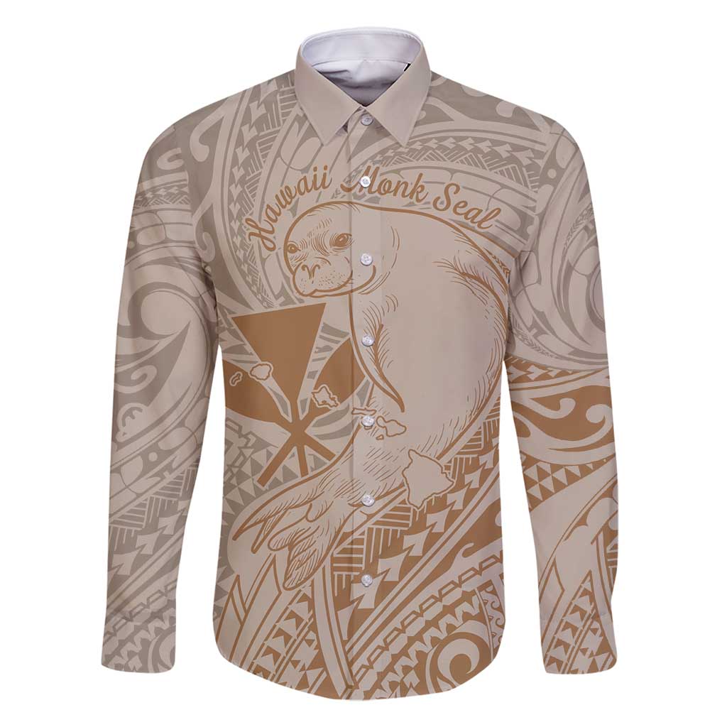 Hawaii Monk Seal and Map Family Matching Tank Maxi Dress and Hawaiian Shirt Polynesian Kanaka Maoli Beige Vibe LT9 Dad's Shirt - Long Sleeve Beige - Polynesian Pride