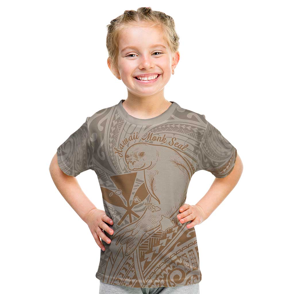 Hawaii Monk Seal and Map Kid T Shirt Polynesian Kanaka Maoli Beige Vibe LT9 Beige - Polynesian Pride