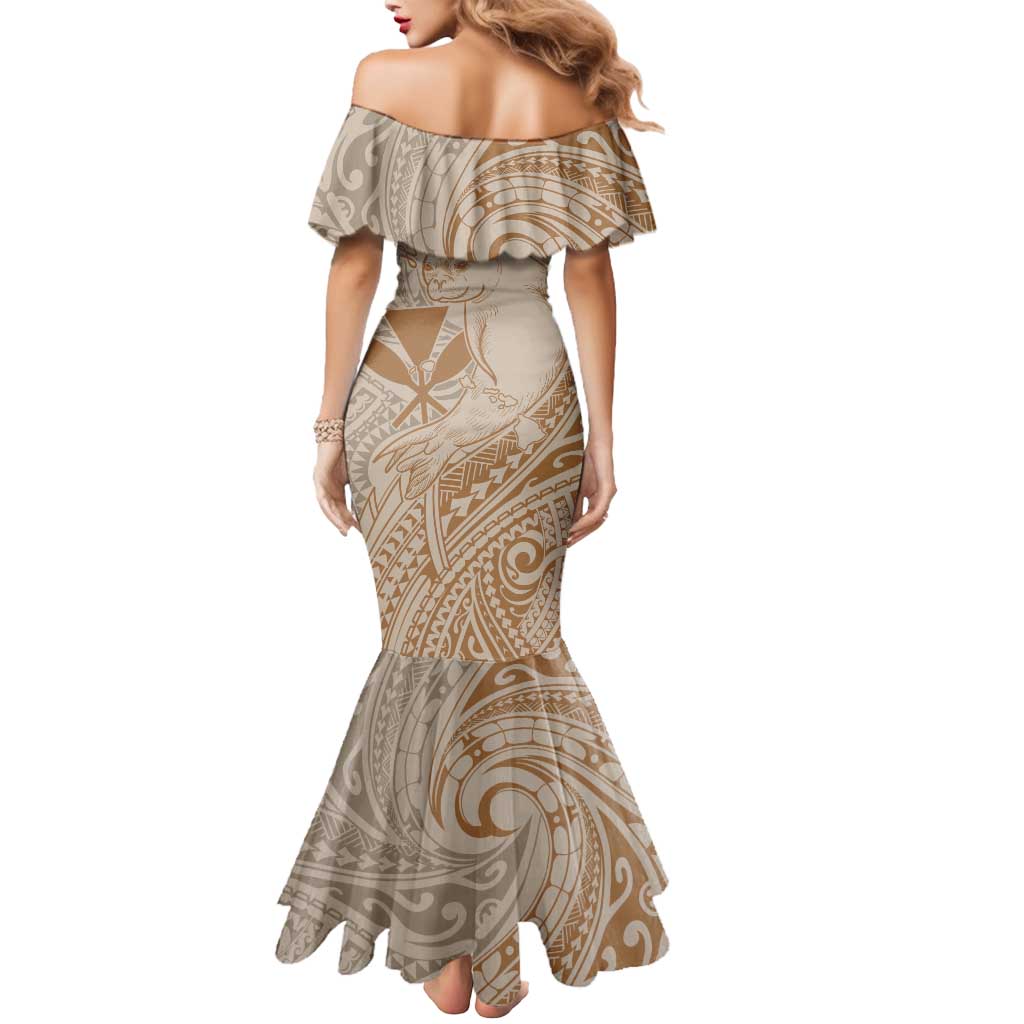 Hawaii Monk Seal and Map Mermaid Dress Polynesian Kanaka Maoli Beige Vibe