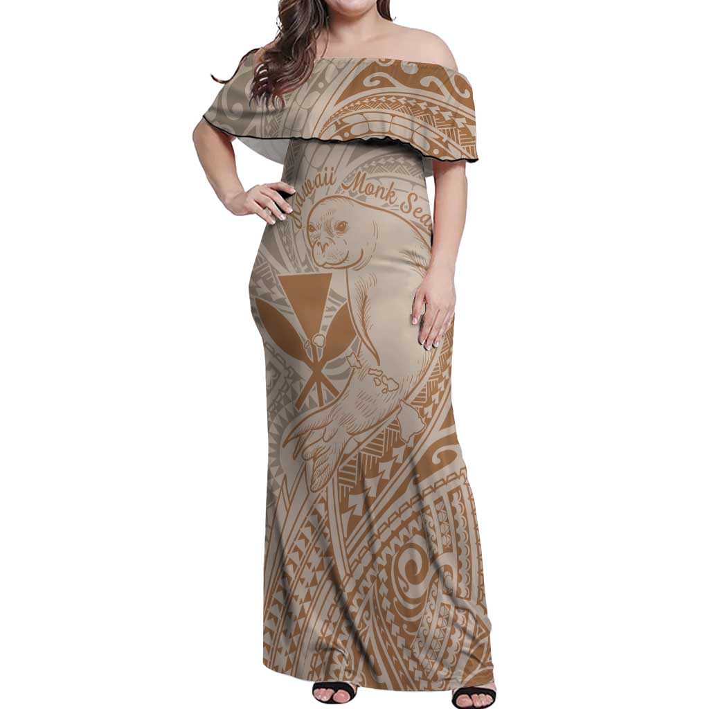 Hawaii Monk Seal and Map Off Shoulder Maxi Dress Polynesian Kanaka Maoli Beige Vibe