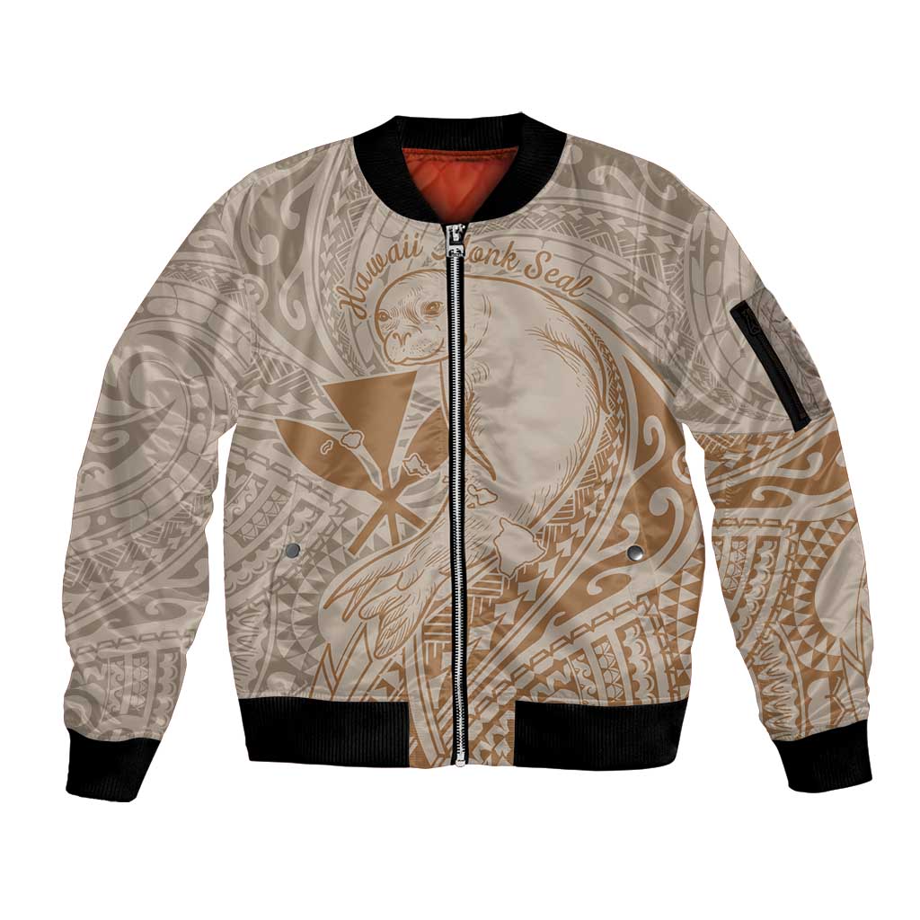 Hawaii Monk Seal and Map Sleeve Zip Bomber Jacket Polynesian Kanaka Maoli Beige Vibe