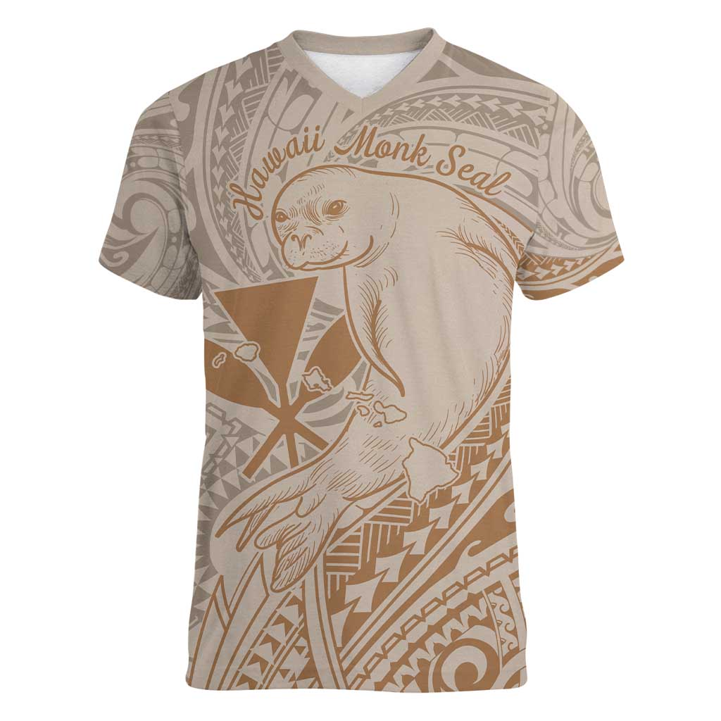 Hawaii Monk Seal and Map Women V-Neck T-Shirt Polynesian Kanaka Maoli Beige Vibe LT9 Female Beige - Polynesian Pride