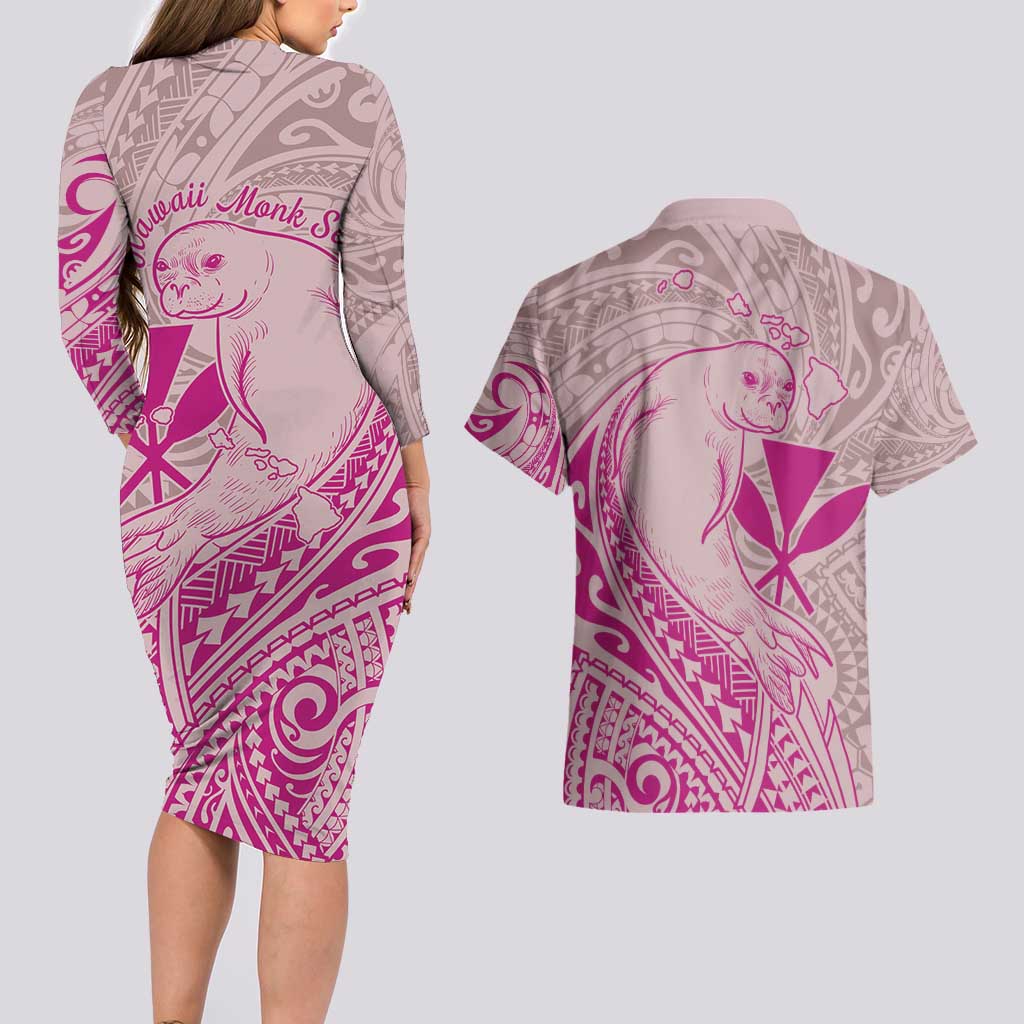 Hawaii Monk Seal and Map Couples Matching Long Sleeve Bodycon Dress and Hawaiian Shirt Polynesian Kanaka Maoli Pink Vibe