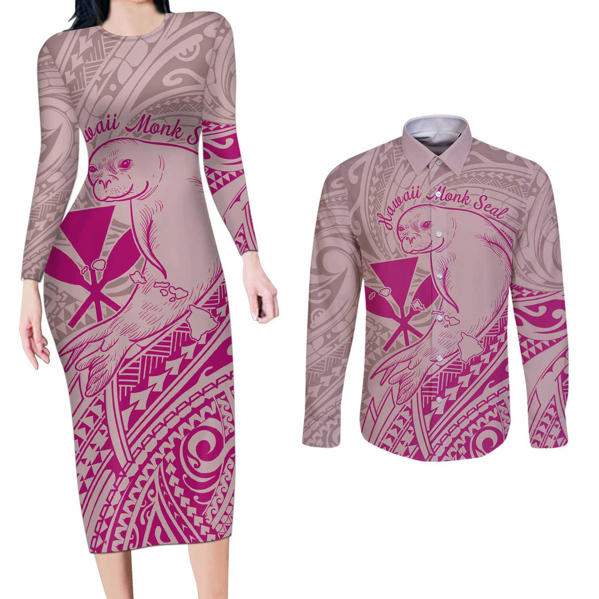 Hawaii Monk Seal and Map Couples Matching Long Sleeve Bodycon Dress and Long Sleeve Button Shirt Polynesian Kanaka Maoli Pink Vibe LT9 Pink - Polynesian Pride