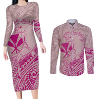 Hawaii Monk Seal and Map Couples Matching Long Sleeve Bodycon Dress and Long Sleeve Button Shirt Polynesian Kanaka Maoli Pink Vibe LT9 Pink - Polynesian Pride