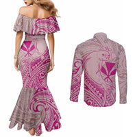 Hawaii Monk Seal and Map Couples Matching Mermaid Dress and Long Sleeve Button Shirt Polynesian Kanaka Maoli Pink Vibe LT9 - Polynesian Pride