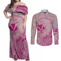 Hawaii Monk Seal and Map Couples Matching Off Shoulder Maxi Dress and Long Sleeve Button Shirt Polynesian Kanaka Maoli Pink Vibe LT9 Pink - Polynesian Pride