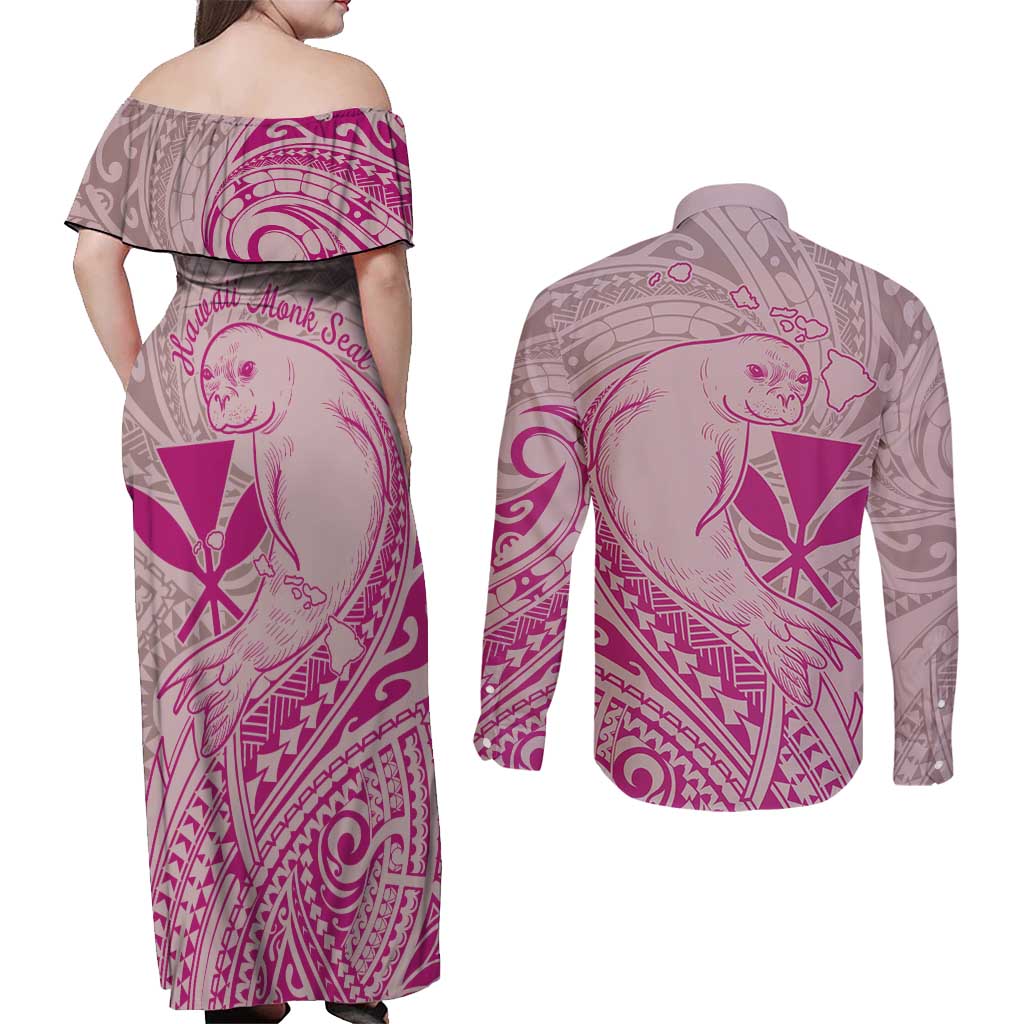Hawaii Monk Seal and Map Couples Matching Off Shoulder Maxi Dress and Long Sleeve Button Shirt Polynesian Kanaka Maoli Pink Vibe LT9 - Polynesian Pride