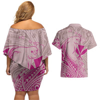 Hawaii Monk Seal and Map Couples Matching Off Shoulder Short Dress and Hawaiian Shirt Polynesian Kanaka Maoli Pink Vibe LT9 - Polynesian Pride