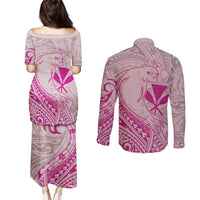 Hawaii Monk Seal and Map Couples Matching Puletasi and Long Sleeve Button Shirt Polynesian Kanaka Maoli Pink Vibe LT9 - Polynesian Pride