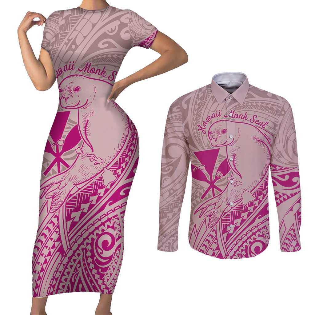 Hawaii Monk Seal and Map Couples Matching Short Sleeve Bodycon Dress and Long Sleeve Button Shirt Polynesian Kanaka Maoli Pink Vibe LT9 Pink - Polynesian Pride