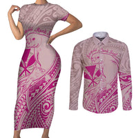 Hawaii Monk Seal and Map Couples Matching Short Sleeve Bodycon Dress and Long Sleeve Button Shirt Polynesian Kanaka Maoli Pink Vibe LT9 Pink - Polynesian Pride