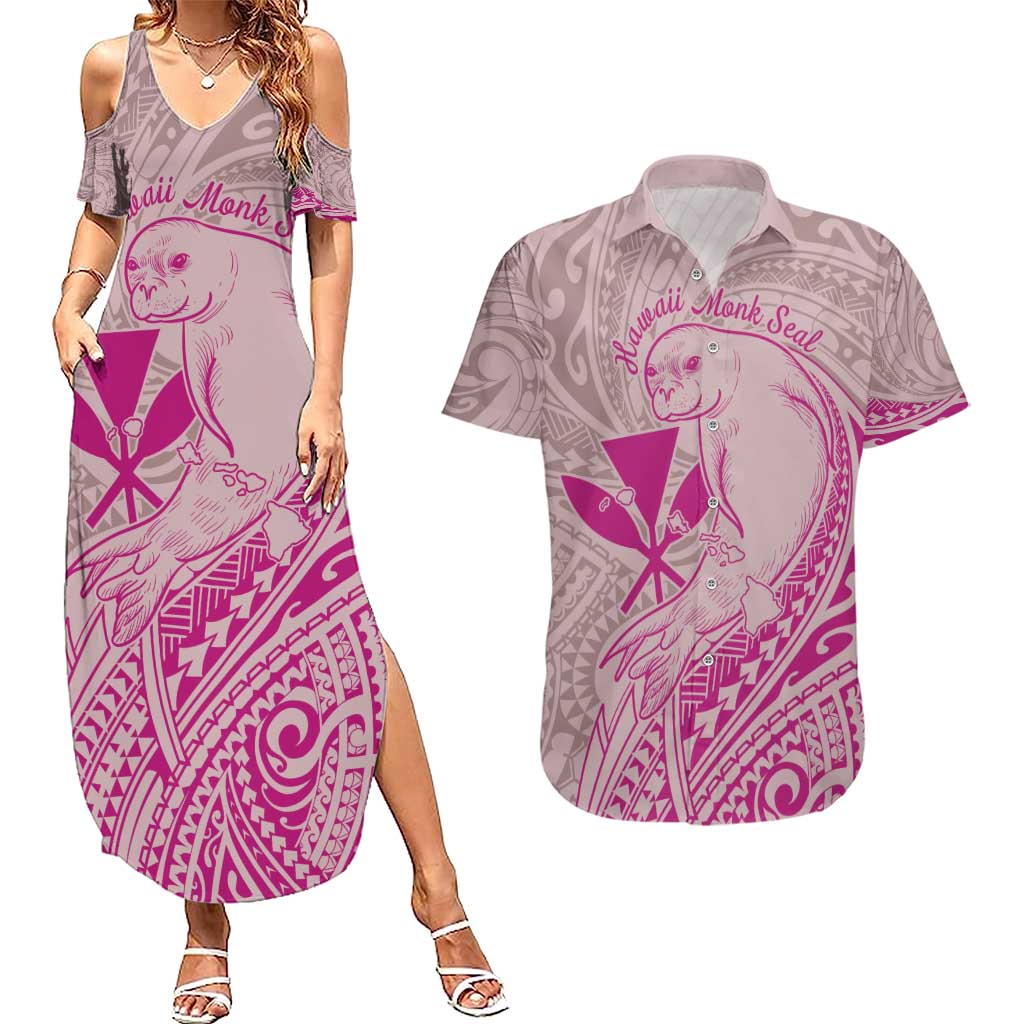 Hawaii Monk Seal and Map Couples Matching Summer Maxi Dress and Hawaiian Shirt Polynesian Kanaka Maoli Pink Vibe LT9 Pink - Polynesian Pride