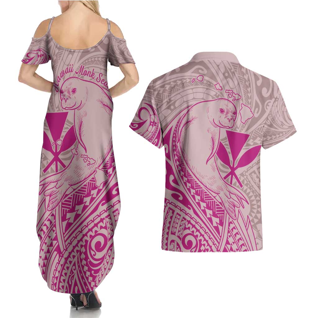 Hawaii Monk Seal and Map Couples Matching Summer Maxi Dress and Hawaiian Shirt Polynesian Kanaka Maoli Pink Vibe LT9 - Polynesian Pride