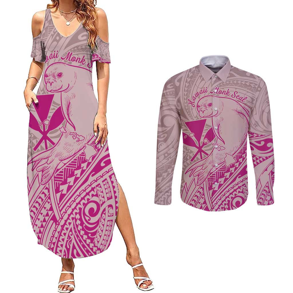 Hawaii Monk Seal and Map Couples Matching Summer Maxi Dress and Long Sleeve Button Shirt Polynesian Kanaka Maoli Pink Vibe LT9 Pink - Polynesian Pride