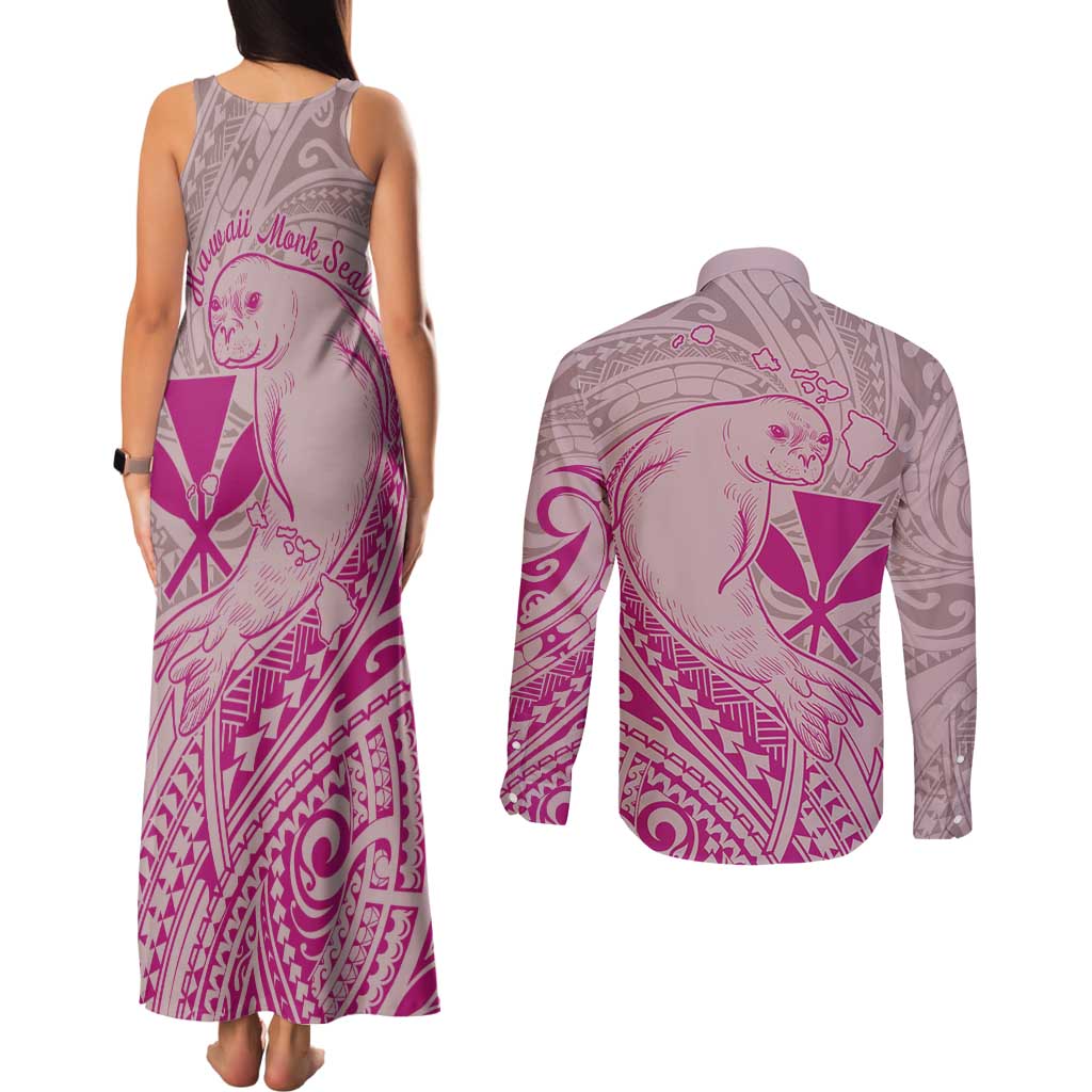 Hawaii Monk Seal and Map Couples Matching Tank Maxi Dress and Long Sleeve Button Shirt Polynesian Kanaka Maoli Pink Vibe LT9 - Polynesian Pride