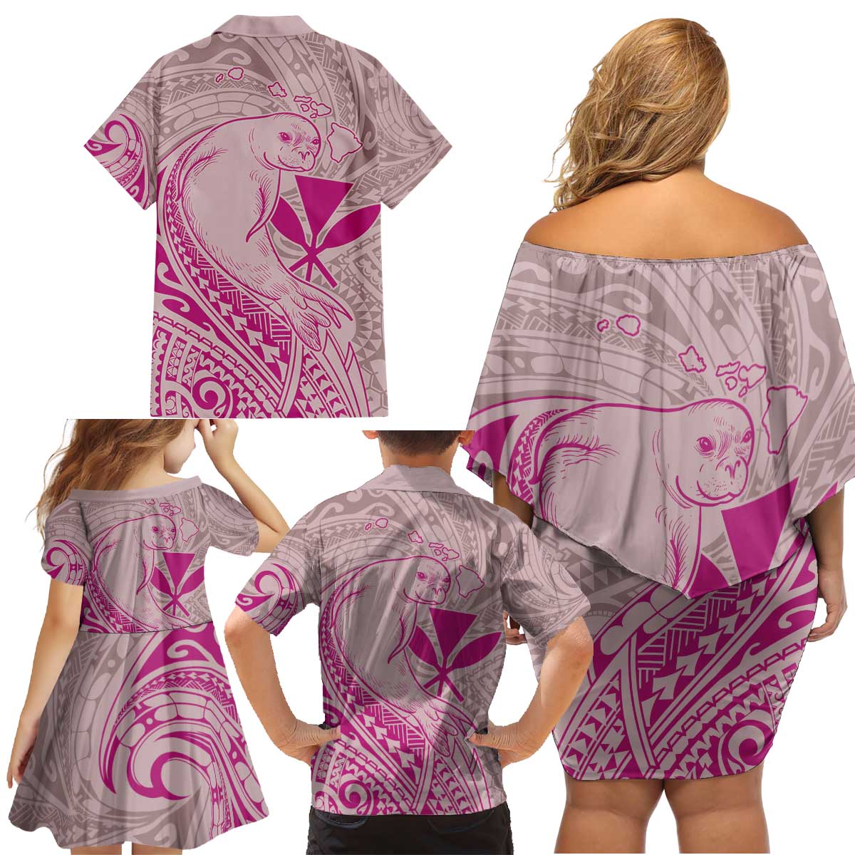Hawaii Monk Seal and Map Family Matching Off Shoulder Short Dress and Hawaiian Shirt Polynesian Kanaka Maoli Pink Vibe LT9 - Polynesian Pride