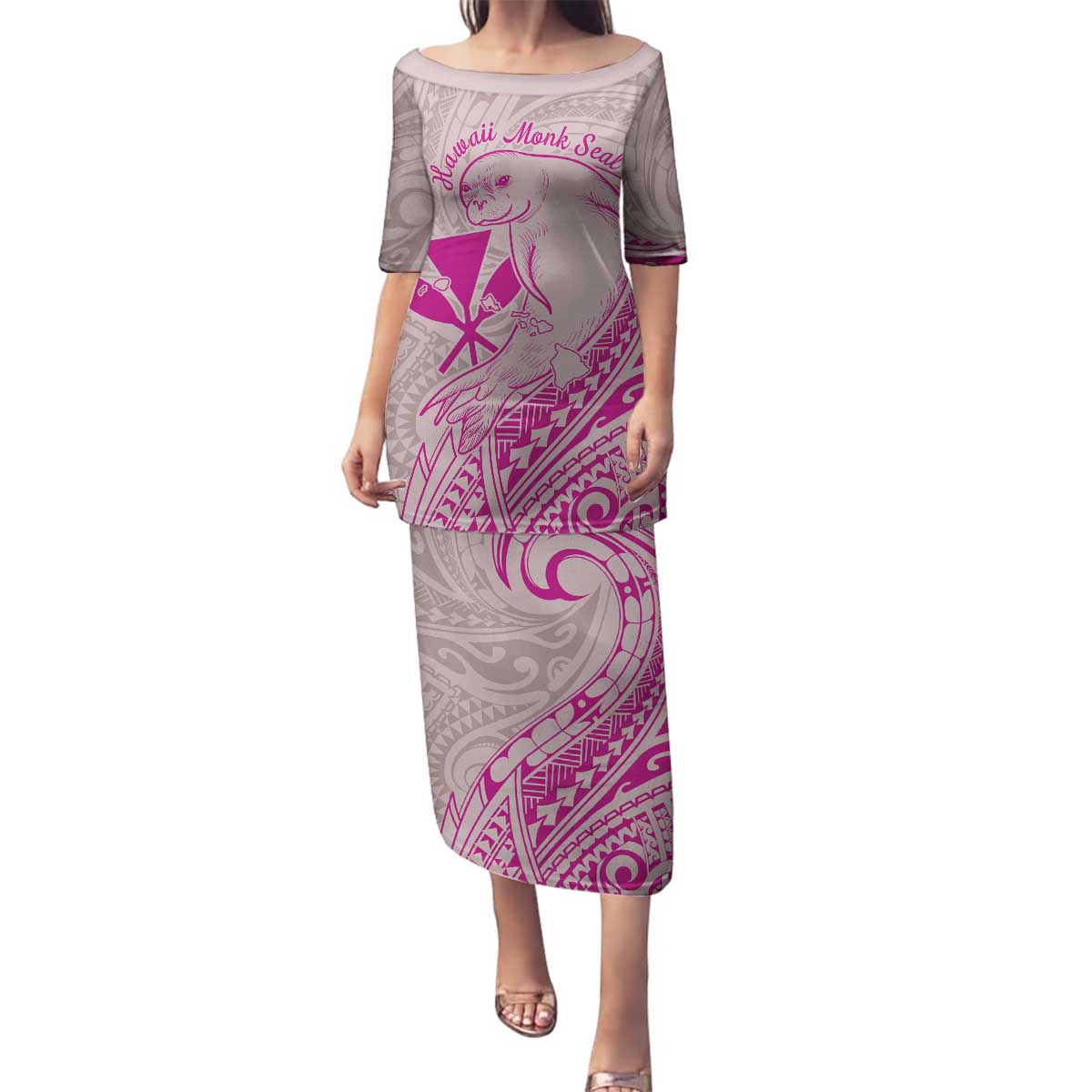 Hawaii Monk Seal and Map Family Matching Puletasi and Hawaiian Shirt Polynesian Kanaka Maoli Pink Vibe LT9 Mom's Dress Pink - Polynesian Pride