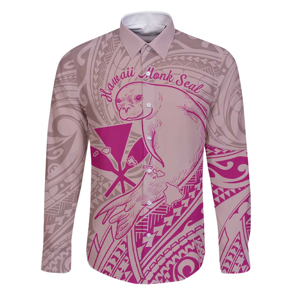 Hawaii Monk Seal and Map Family Matching Short Sleeve Bodycon Dress and Hawaiian Shirt Polynesian Kanaka Maoli Pink Vibe LT9 Dad's Shirt - Long Sleeve Pink - Polynesian Pride