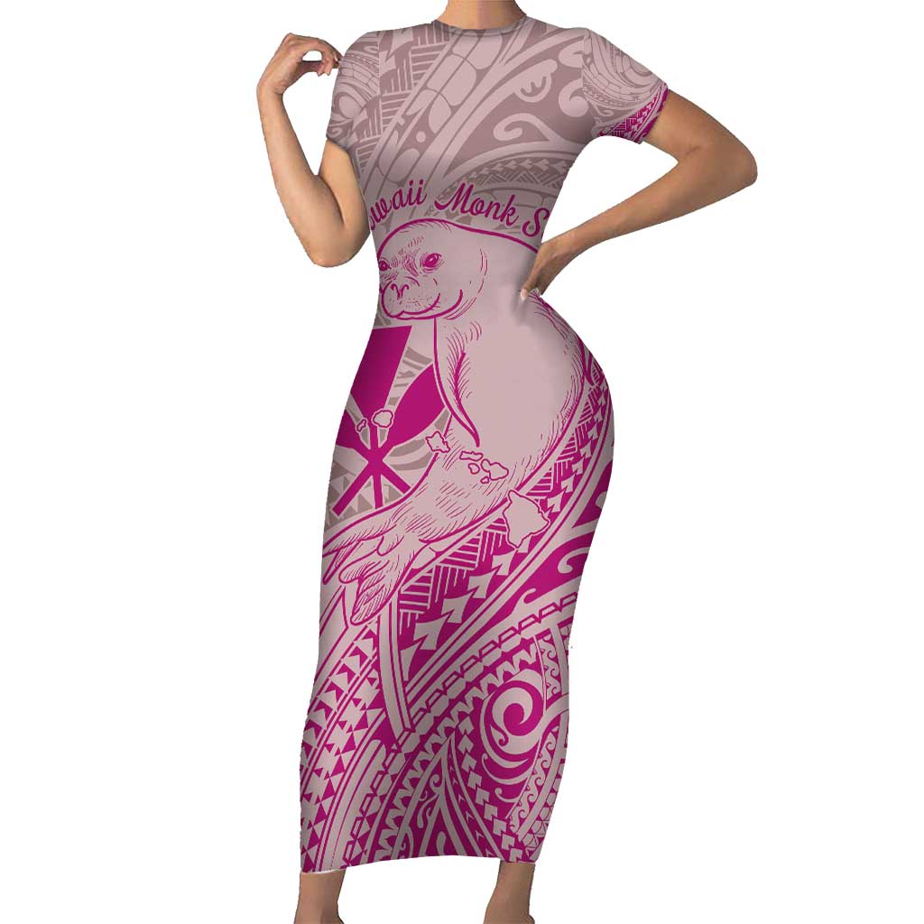 Hawaii Monk Seal and Map Family Matching Short Sleeve Bodycon Dress and Hawaiian Shirt Polynesian Kanaka Maoli Pink Vibe LT9 Mom's Dress Pink - Polynesian Pride