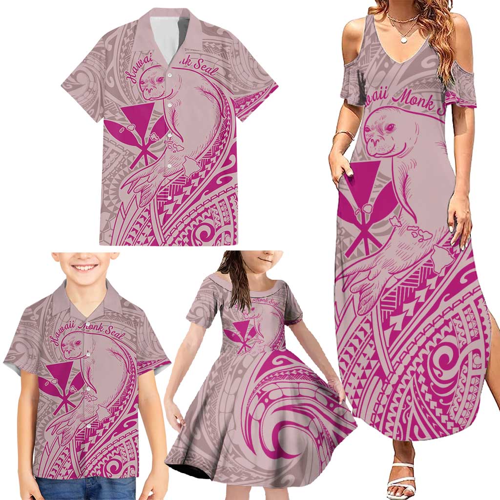 Hawaii Monk Seal and Map Family Matching Summer Maxi Dress and Hawaiian Shirt Polynesian Kanaka Maoli Pink Vibe LT9 - Polynesian Pride
