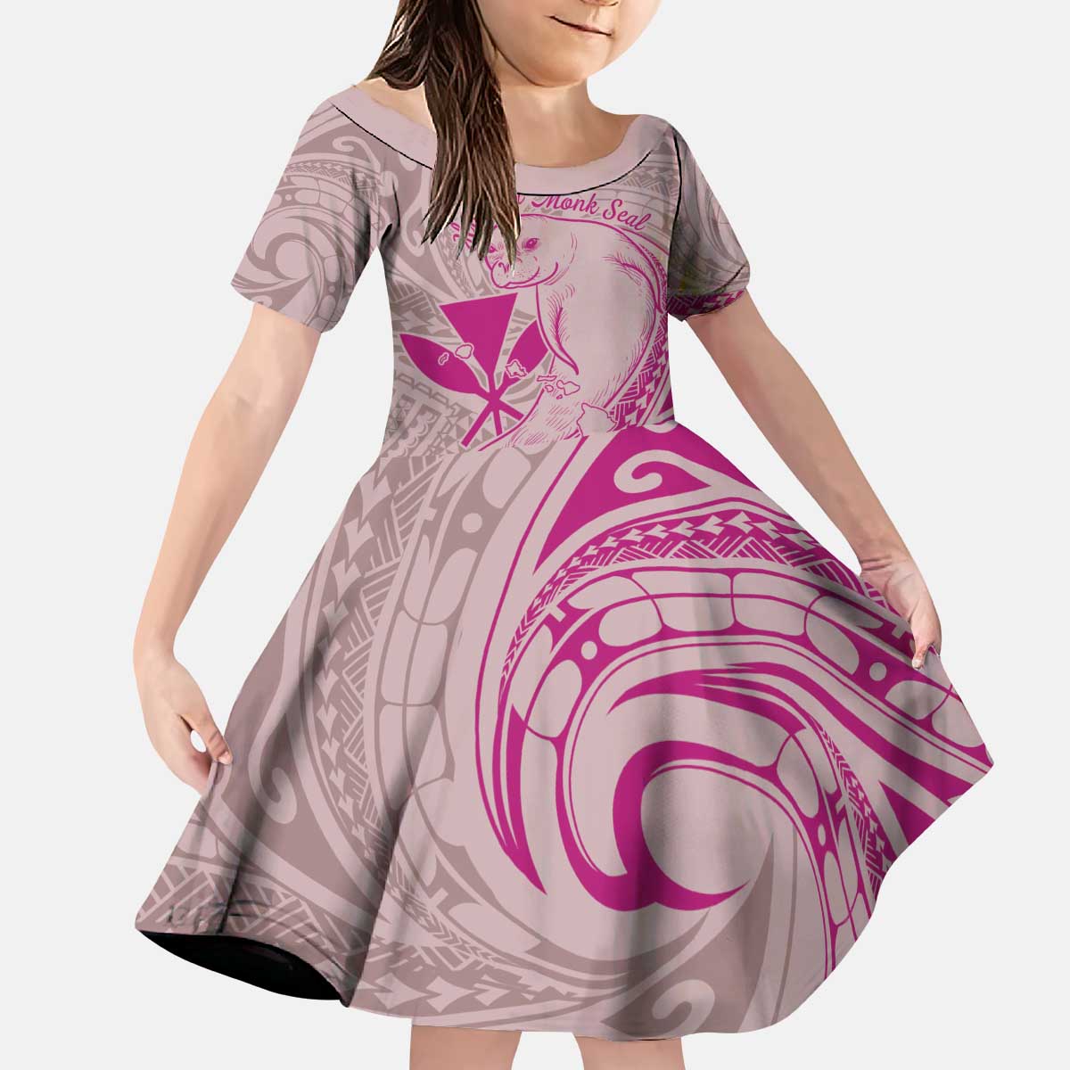 Hawaii Monk Seal and Map Kid Short Sleeve Dress Polynesian Kanaka Maoli Pink Vibe