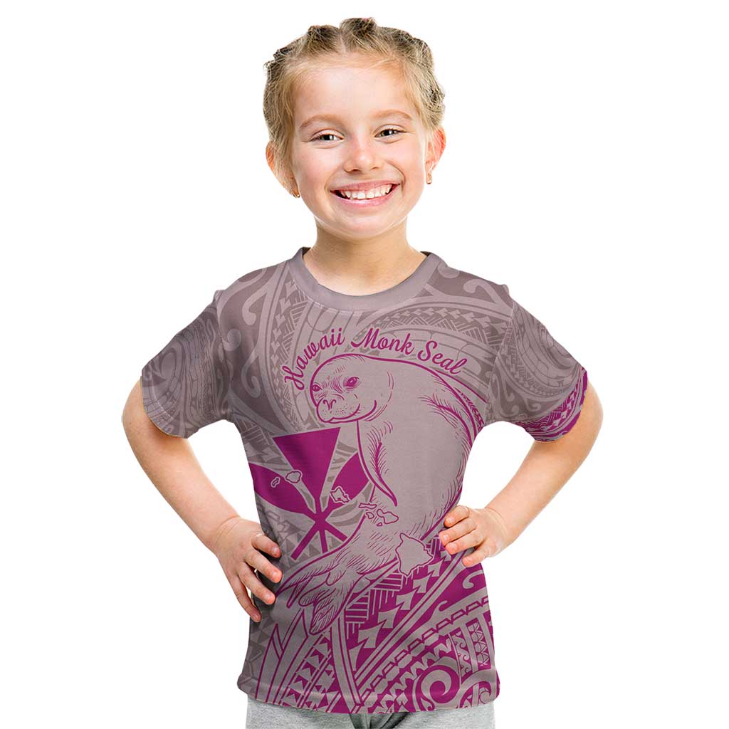 Hawaii Monk Seal and Map Kid T Shirt Polynesian Kanaka Maoli Pink Vibe LT9 Pink - Polynesian Pride