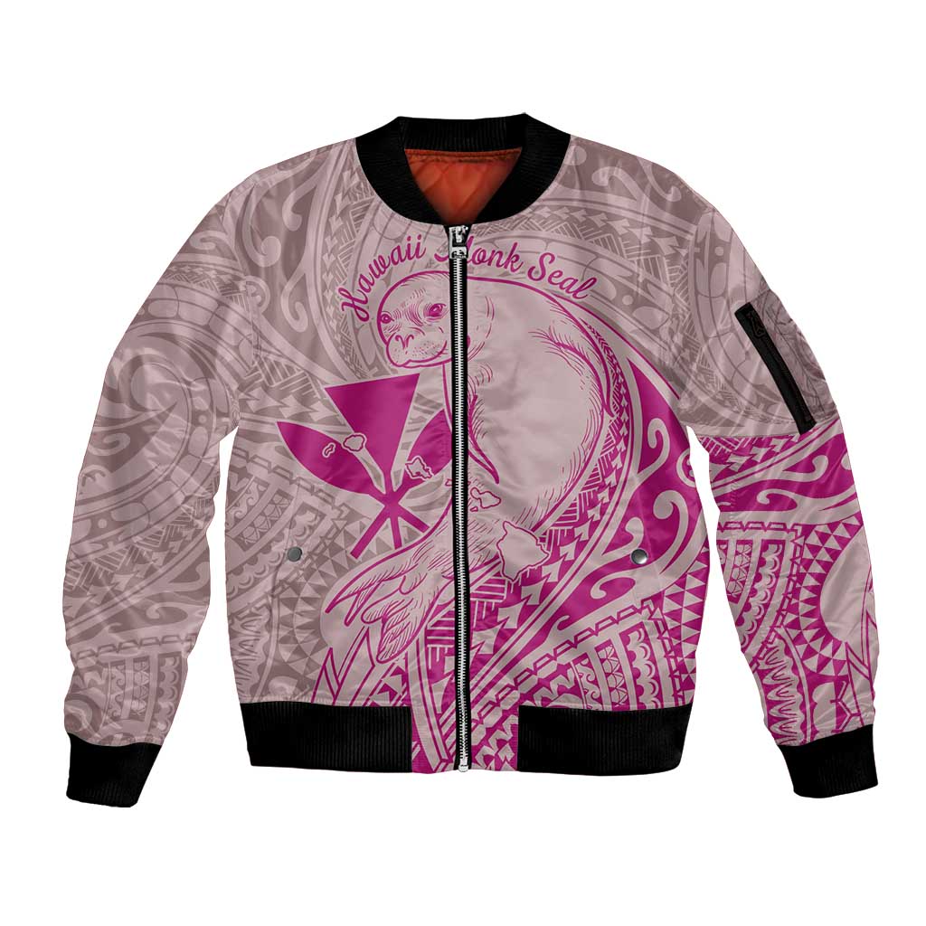 Hawaii Monk Seal and Map Sleeve Zip Bomber Jacket Polynesian Kanaka Maoli Pink Vibe