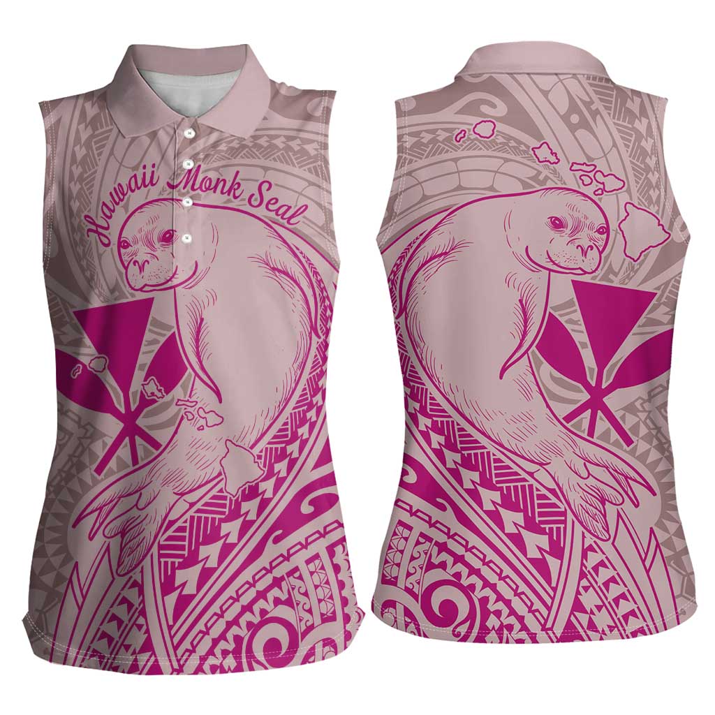 Hawaii Monk Seal and Map Women Sleeveless Polo Shirt Polynesian Kanaka Maoli Pink Vibe