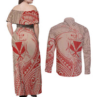 Hawaii Monk Seal and Map Couples Matching Off Shoulder Maxi Dress and Long Sleeve Button Shirt Polynesian Kanaka Maoli Red Vibe LT9 - Polynesian Pride