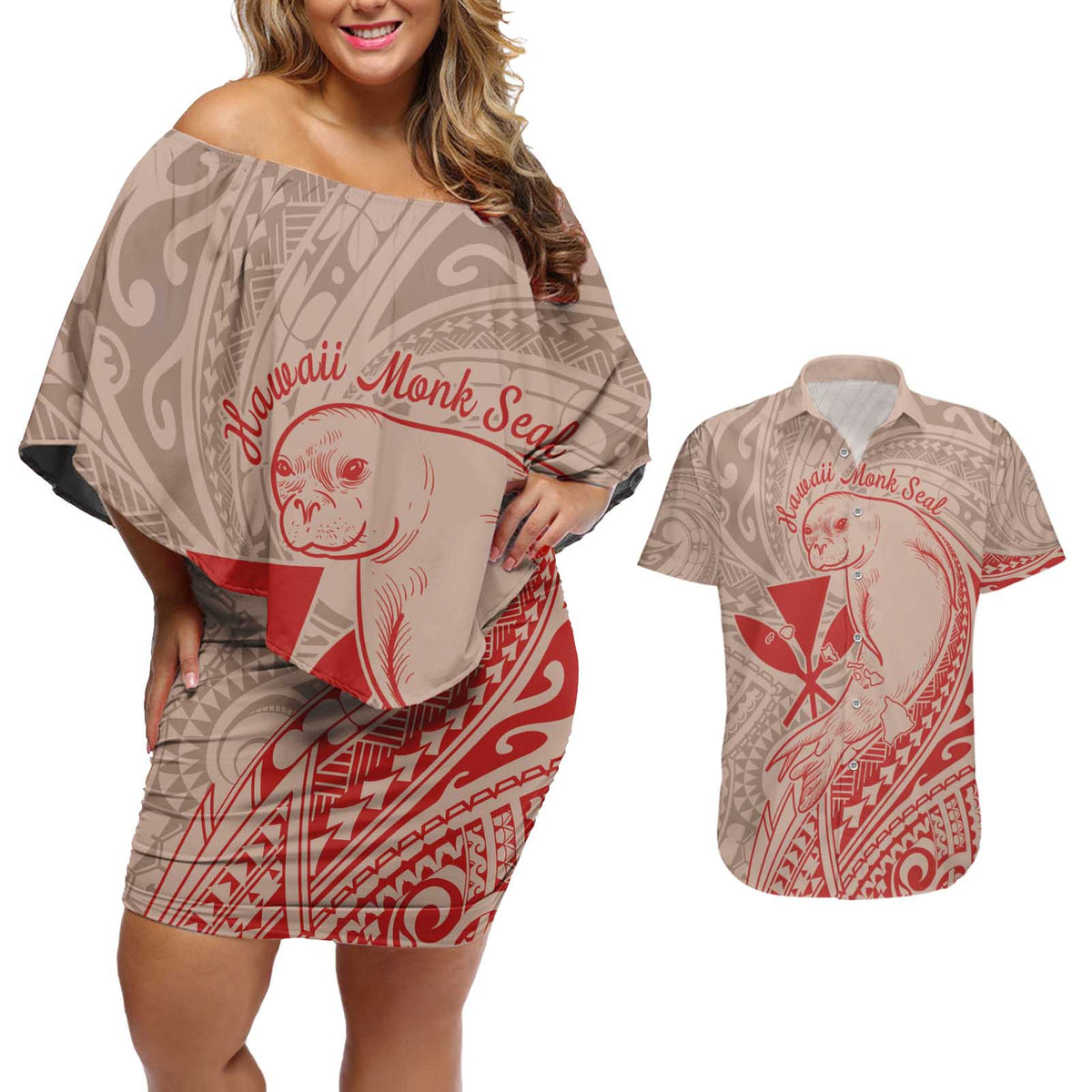 Hawaii Monk Seal and Map Couples Matching Off Shoulder Short Dress and Hawaiian Shirt Polynesian Kanaka Maoli Red Vibe LT9 Red - Polynesian Pride