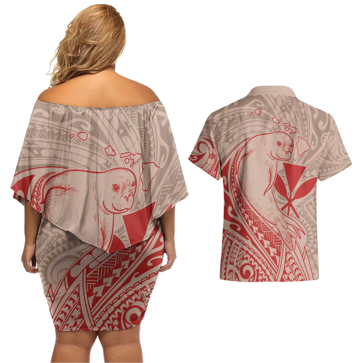 Hawaii Monk Seal and Map Couples Matching Off Shoulder Short Dress and Hawaiian Shirt Polynesian Kanaka Maoli Red Vibe LT9 - Polynesian Pride