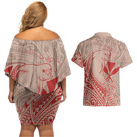 Hawaii Monk Seal and Map Couples Matching Off Shoulder Short Dress and Hawaiian Shirt Polynesian Kanaka Maoli Red Vibe LT9 - Polynesian Pride