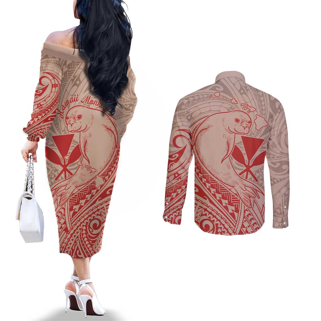 Hawaii Monk Seal and Map Couples Matching Off The Shoulder Long Sleeve Dress and Long Sleeve Button Shirt Polynesian Kanaka Maoli Red Vibe