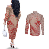 Hawaii Monk Seal and Map Couples Matching Off The Shoulder Long Sleeve Dress and Long Sleeve Button Shirt Polynesian Kanaka Maoli Red Vibe