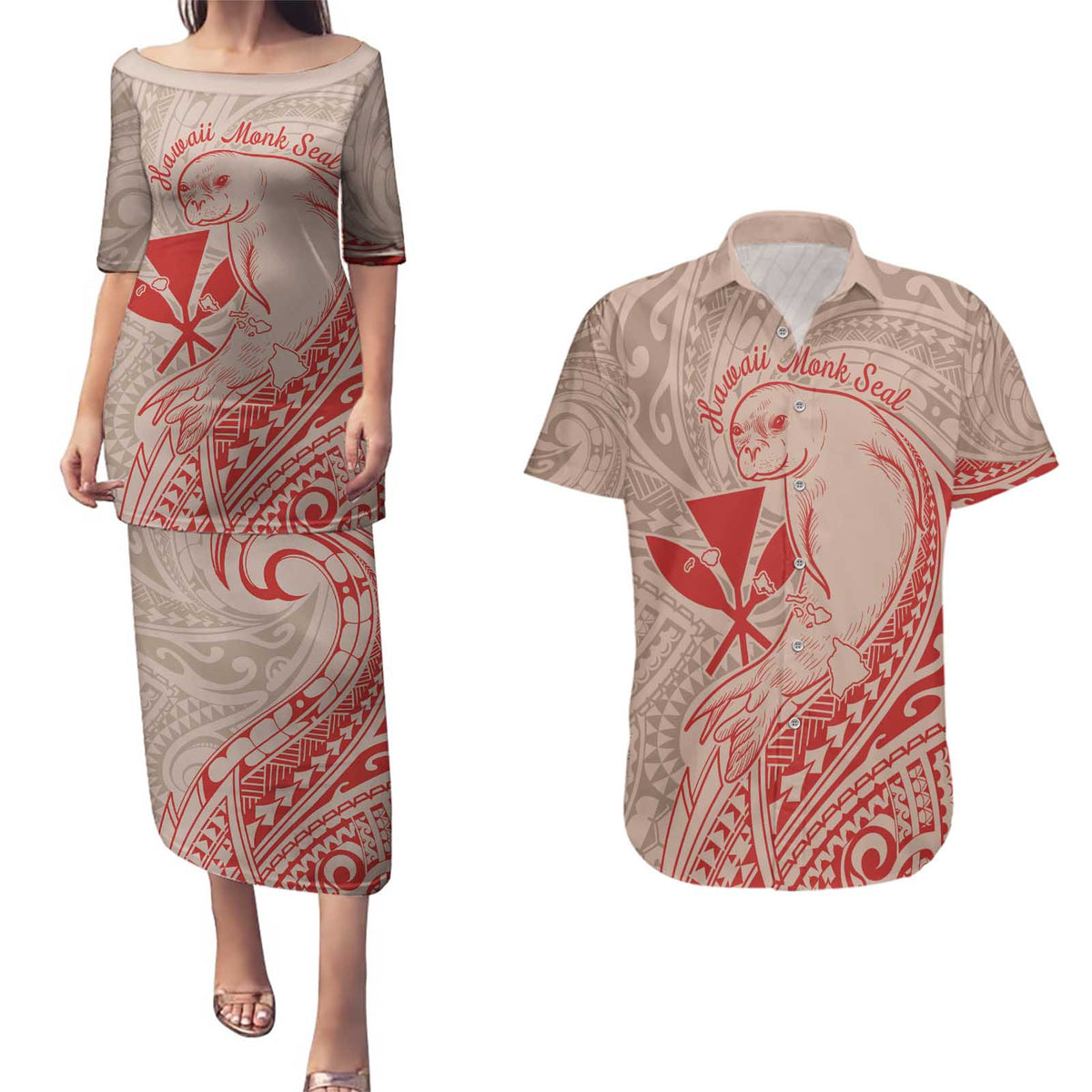 Hawaii Monk Seal and Map Couples Matching Puletasi and Hawaiian Shirt Polynesian Kanaka Maoli Red Vibe LT9 Red - Polynesian Pride