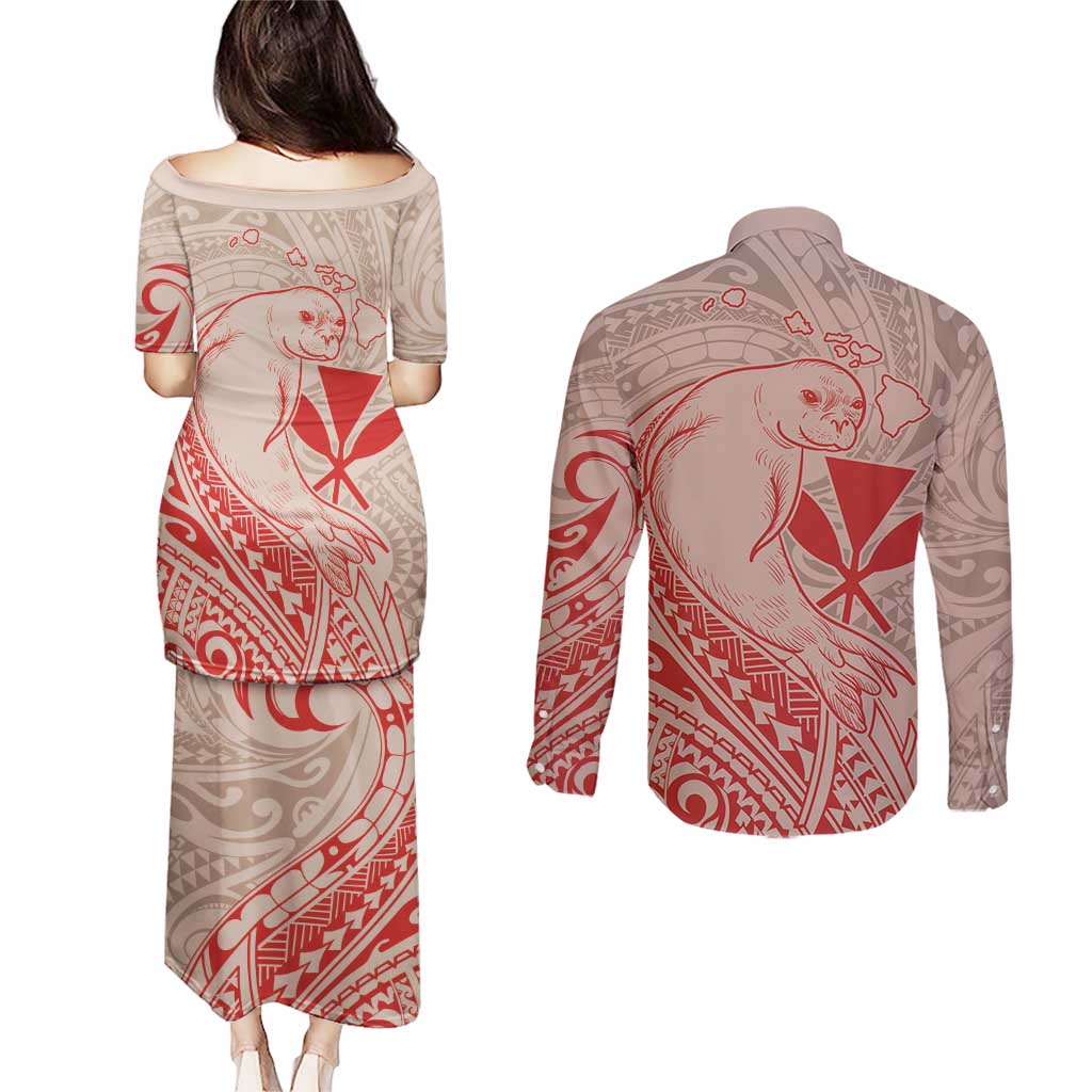 Hawaii Monk Seal and Map Couples Matching Puletasi and Long Sleeve Button Shirt Polynesian Kanaka Maoli Red Vibe LT9 - Polynesian Pride