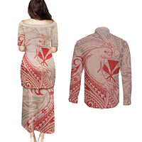 Hawaii Monk Seal and Map Couples Matching Puletasi and Long Sleeve Button Shirt Polynesian Kanaka Maoli Red Vibe LT9 - Polynesian Pride
