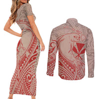 Hawaii Monk Seal and Map Couples Matching Short Sleeve Bodycon Dress and Long Sleeve Button Shirt Polynesian Kanaka Maoli Red Vibe LT9 - Polynesian Pride