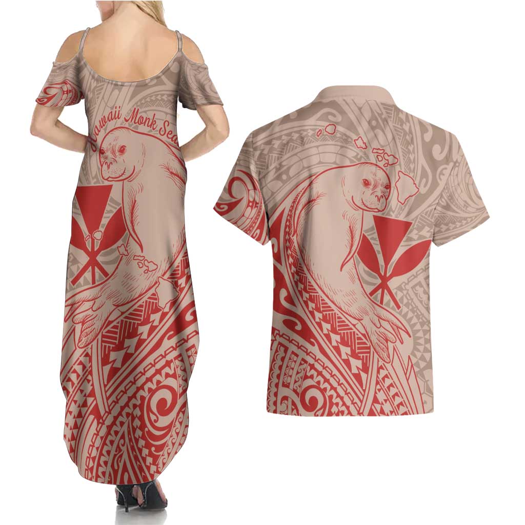 Hawaii Monk Seal and Map Couples Matching Summer Maxi Dress and Hawaiian Shirt Polynesian Kanaka Maoli Red Vibe LT9 - Polynesian Pride