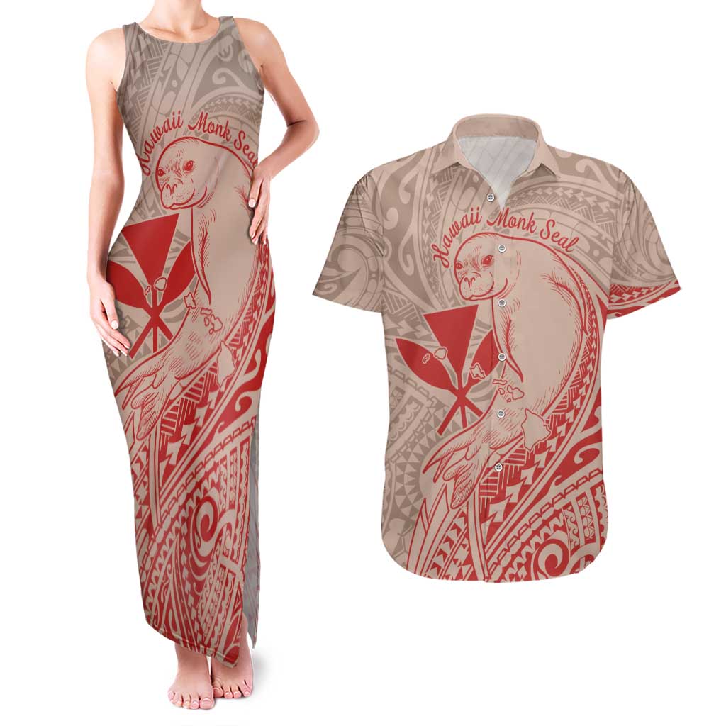 Hawaii Monk Seal and Map Couples Matching Tank Maxi Dress and Hawaiian Shirt Polynesian Kanaka Maoli Red Vibe LT9 Red - Polynesian Pride