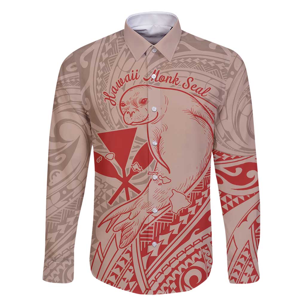 Hawaii Monk Seal and Map Family Matching Off Shoulder Maxi Dress and Hawaiian Shirt Polynesian Kanaka Maoli Red Vibe LT9 Dad's Shirt - Long Sleeve Red - Polynesian Pride