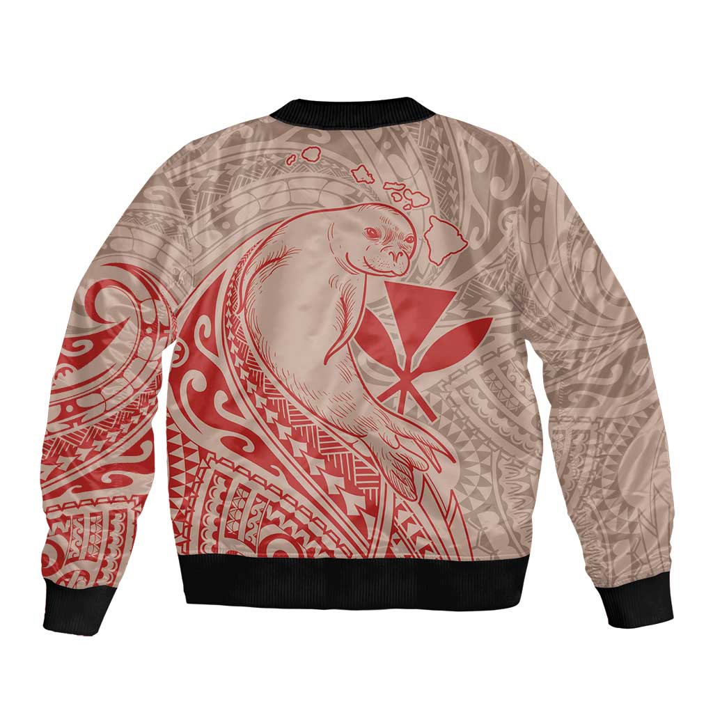 Hawaii Monk Seal and Map Sleeve Zip Bomber Jacket Polynesian Kanaka Maoli Red Vibe