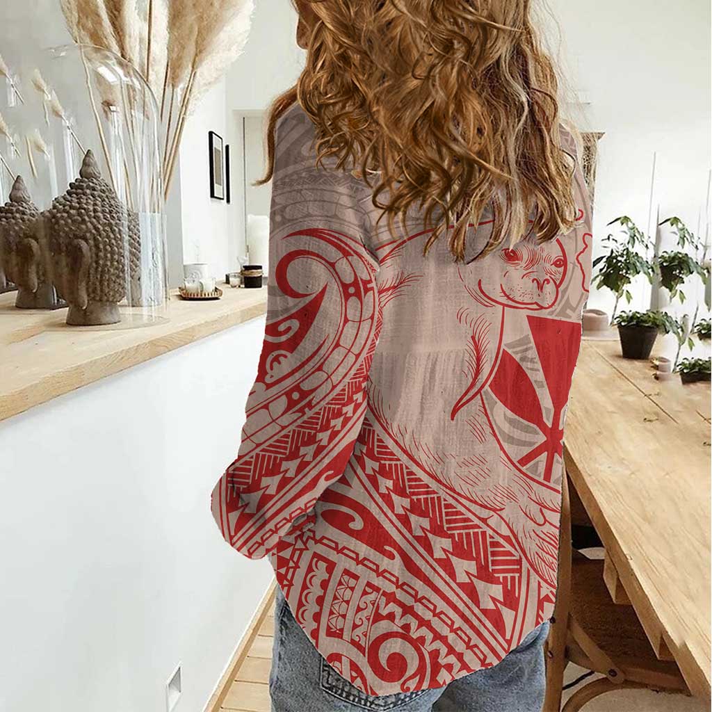 Hawaii Monk Seal and Map Women Casual Shirt Polynesian Kanaka Maoli Red Vibe