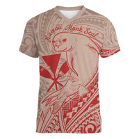 Hawaii Monk Seal and Map Women V-Neck T-Shirt Polynesian Kanaka Maoli Red Vibe LT9 Female Red - Polynesian Pride