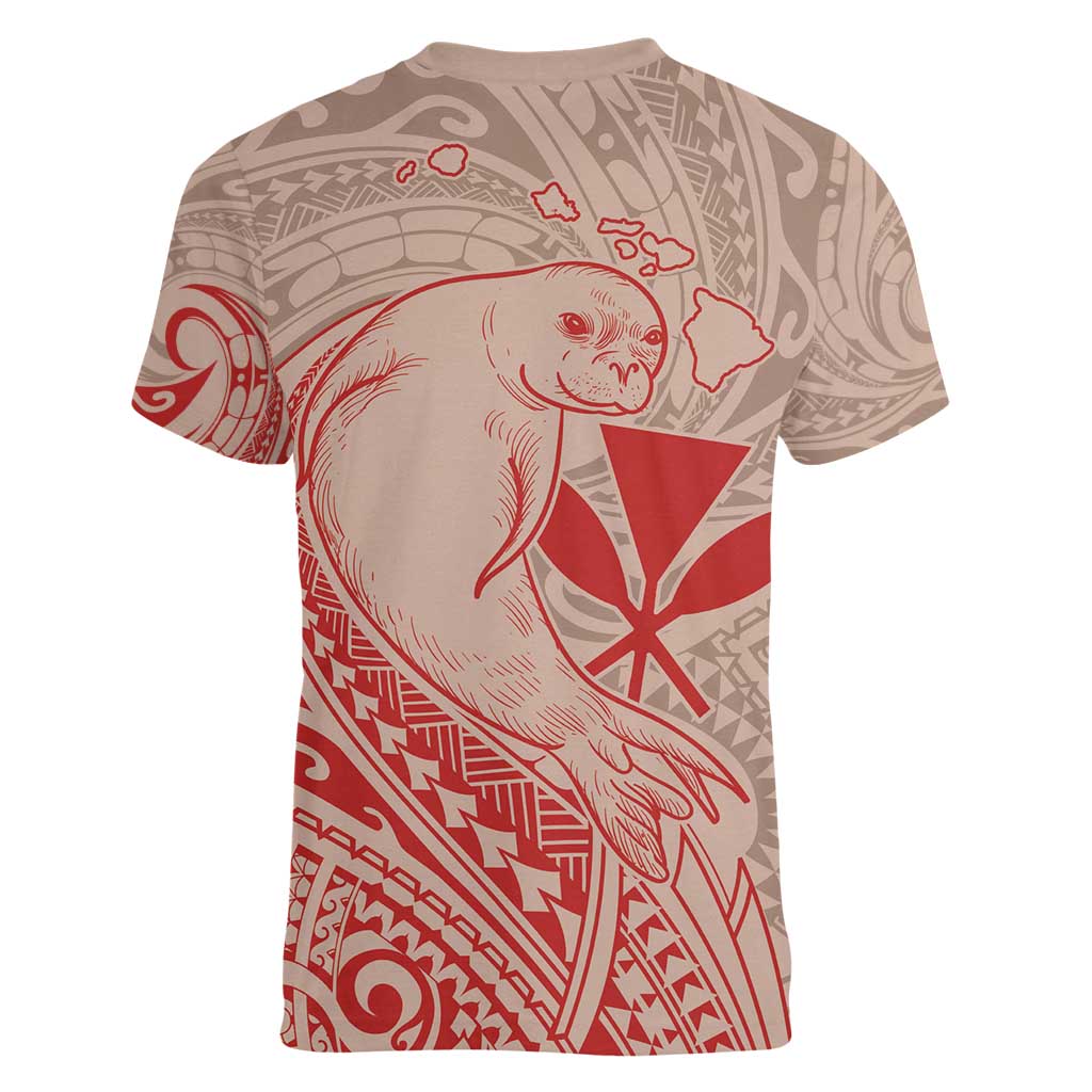 Hawaii Monk Seal and Map Women V-Neck T-Shirt Polynesian Kanaka Maoli Red Vibe LT9 - Polynesian Pride