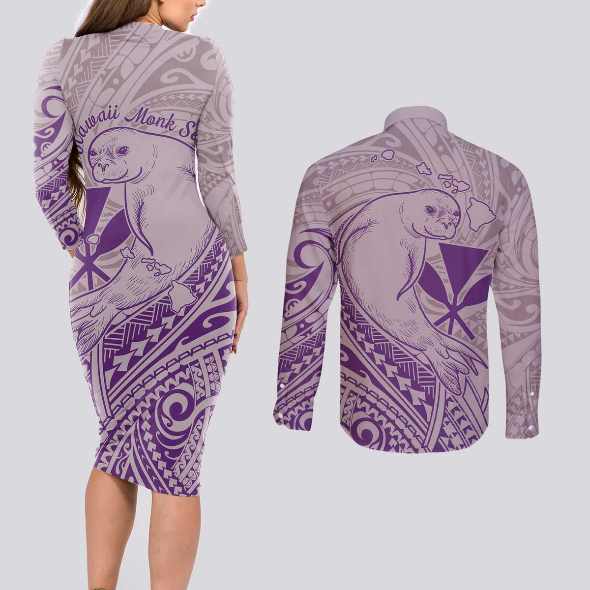 Hawaii Monk Seal and Map Couples Matching Long Sleeve Bodycon Dress and Long Sleeve Button Shirt Polynesian Kanaka Maoli Violet Vibe LT9 - Polynesian Pride